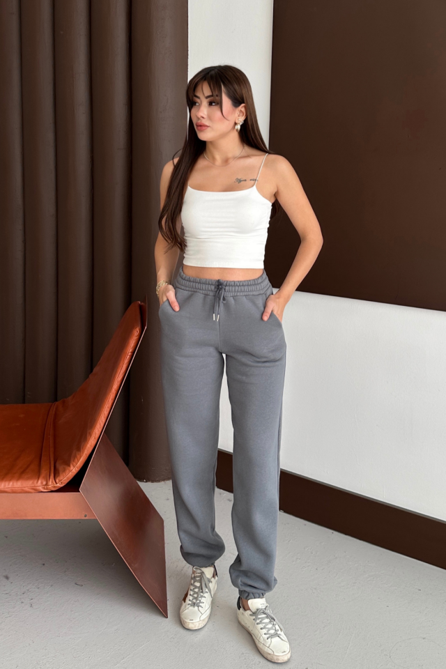 Balenbi Kadın Yüksek Bel Kışlık içi Polarlı Kalın Eşofman Altı 1091 L - Füme