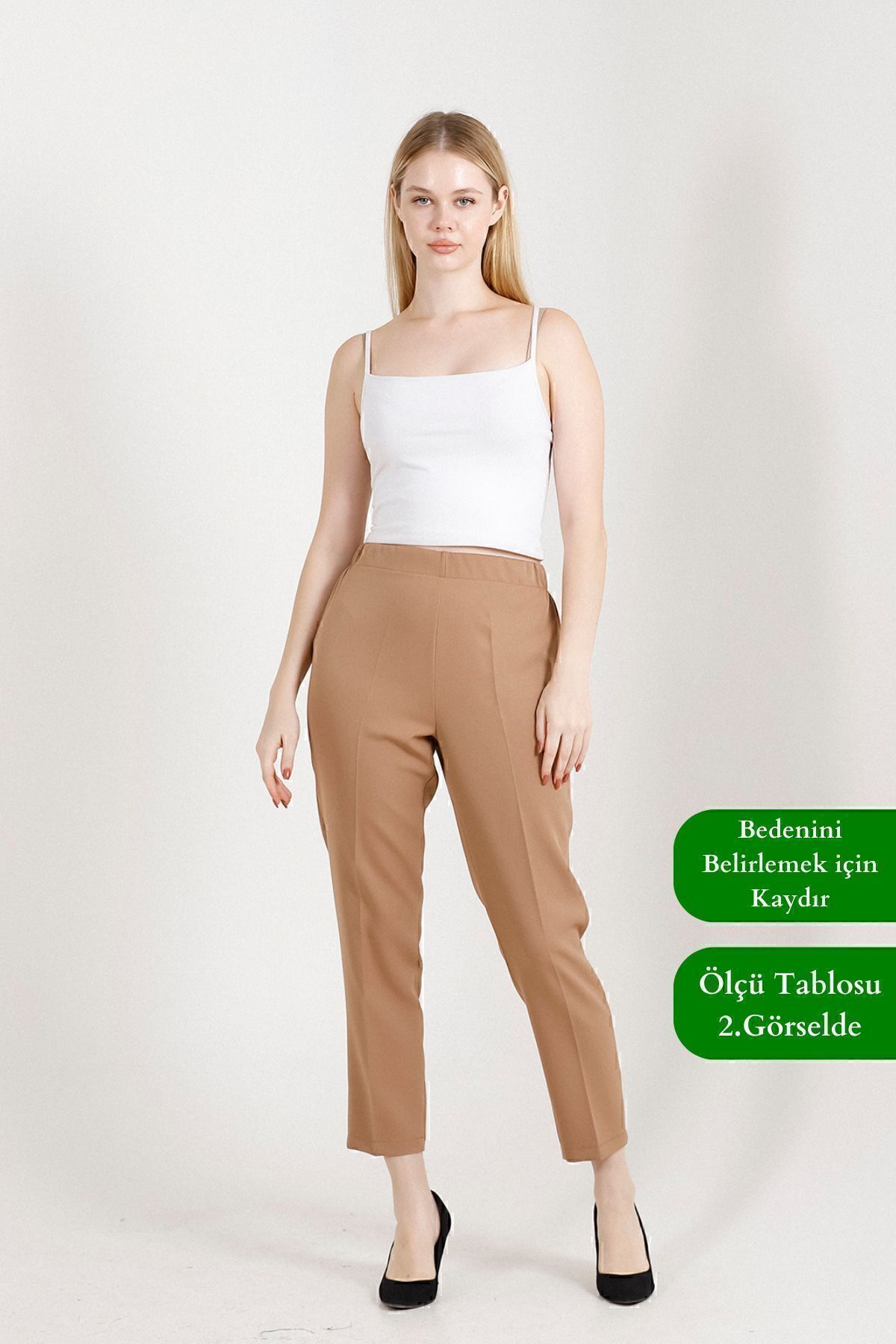 Feela Moda Kadın Havuç Paça Yüksek Bel Likralı Dokuma Pantolon 1001 38 - Camel