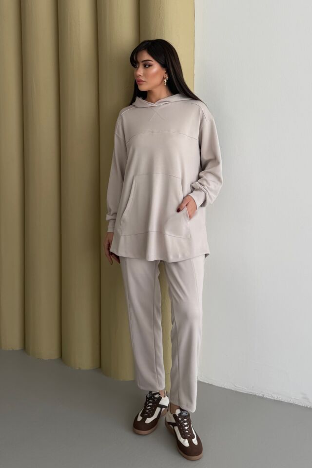 Balenbi Oversize Kapüşonlu Kanguru Cepli Modal Tesettür Takım 1192 - Form Serisi XL - Taş