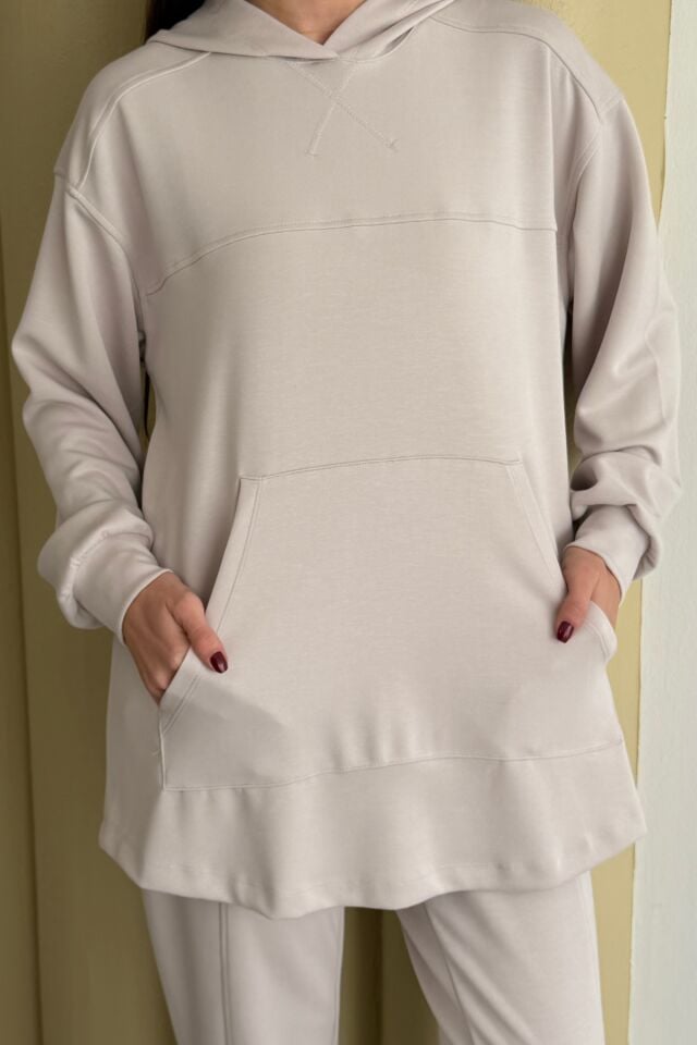 Balenbi Oversize Kapüşonlu Kanguru Cepli Modal Tesettür Takım 1192 - Form Serisi XL - Taş