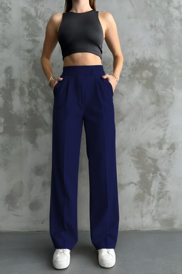 Balenbi Kadın Double Krep Likralı Cırt Kapama Palazzo Pantolon 1103 Lacivert - 44