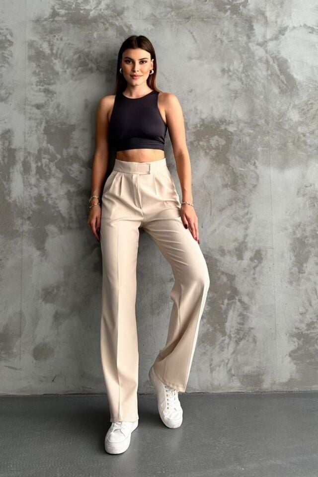 Balenbi Kadın Double Krep Likralı Cırt Kapama Palazzo Pantolon 1103 Bej - 46