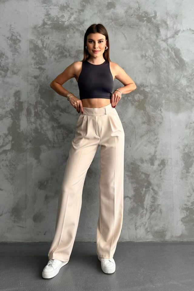 Balenbi Kadın Double Krep Likralı Cırt Kapama Palazzo Pantolon 1103 46 - Bej