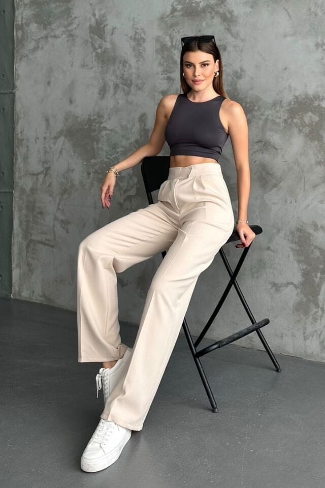 Balenbi Kadın Double Krep Likralı Cırt Kapama Palazzo Pantolon 1103 46 - Bej