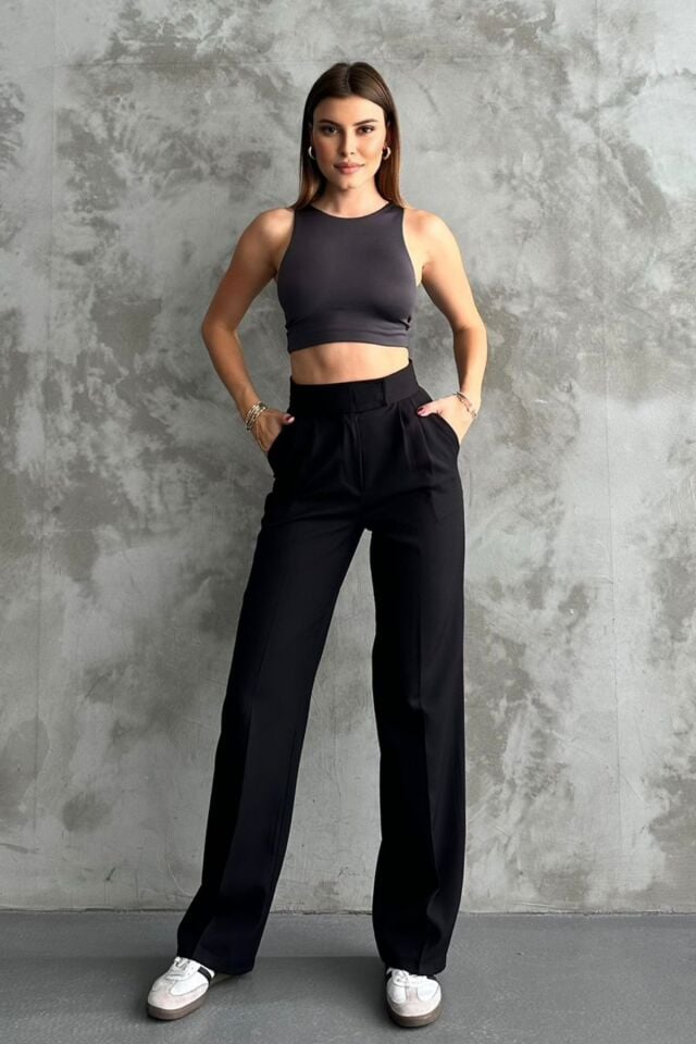 Balenbi Kadın Double Krep Likralı Cırt Kapama Palazzo Pantolon 1103 46 - Siyah