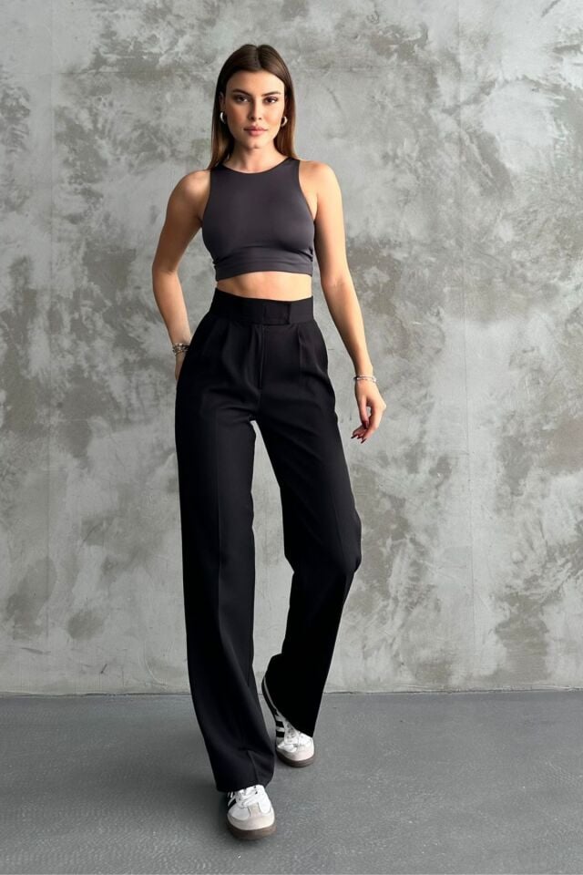 Balenbi Kadın Double Krep Likralı Cırt Kapama Palazzo Pantolon 1103 Siyah - 46