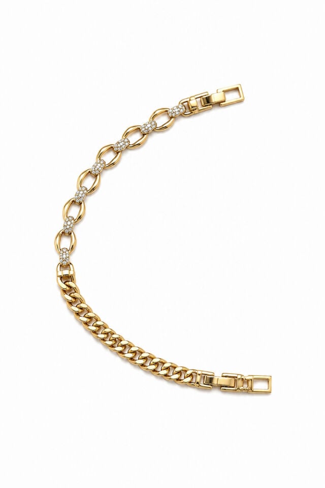 Balenbi Jewelry 14K Gold Paslanmaz Çelik Oval Halka Gurmet Zincir Zirkon Taşlı Kadın Bileklik 1249 Altın