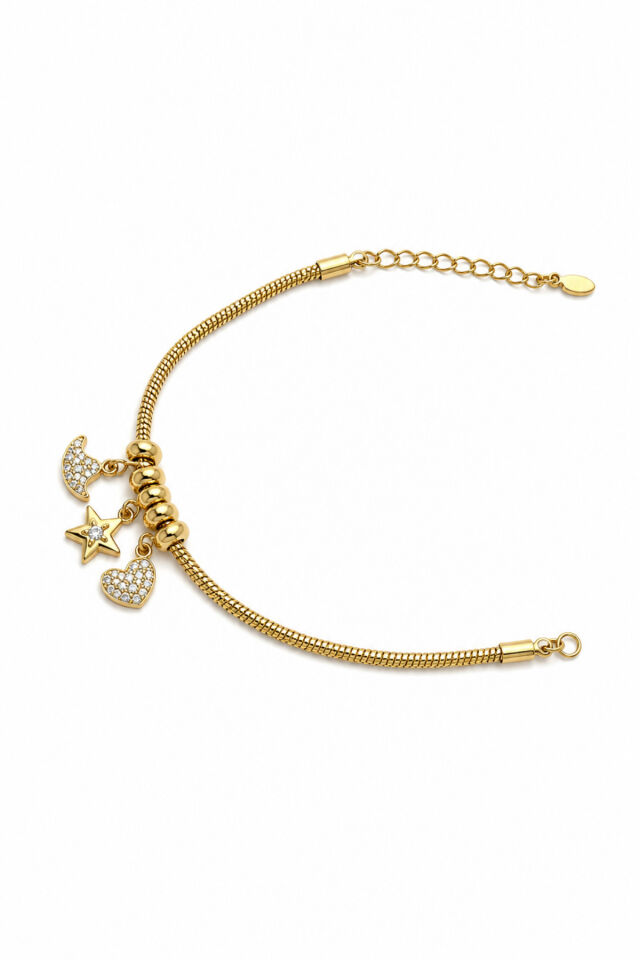 Balenbi Jewelry 14K Gold Paslanmaz Çelik Charm Detaylı Yılan Zincir Ayarlanabilir Kadın Bileklik 1250 Altın