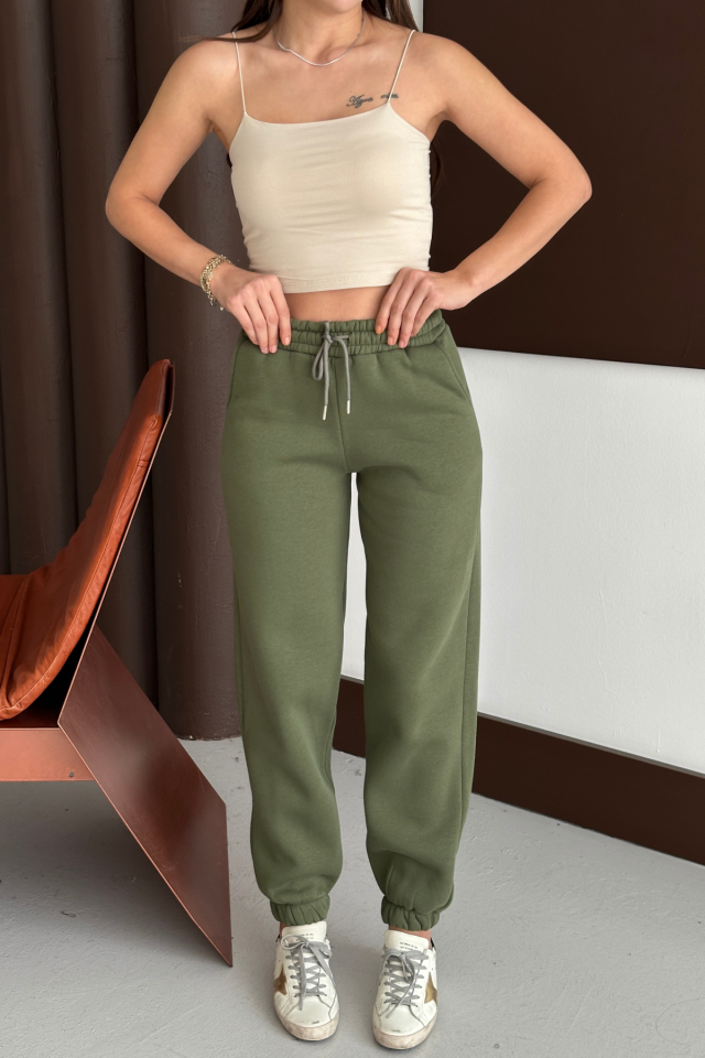 Balenbi Kadın Yüksek Bel Kışlık içi Polarlı Kalın Eşofman Altı 1091 XL - Haki