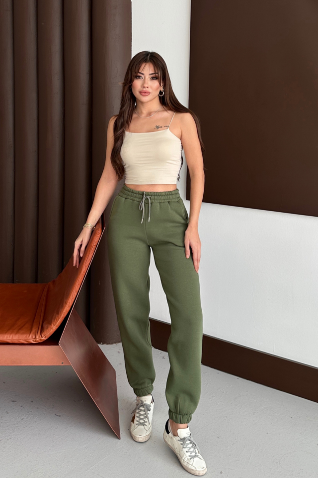 Balenbi Kadın Yüksek Bel Kışlık içi Polarlı Kalın Eşofman Altı 1091 XL - Haki