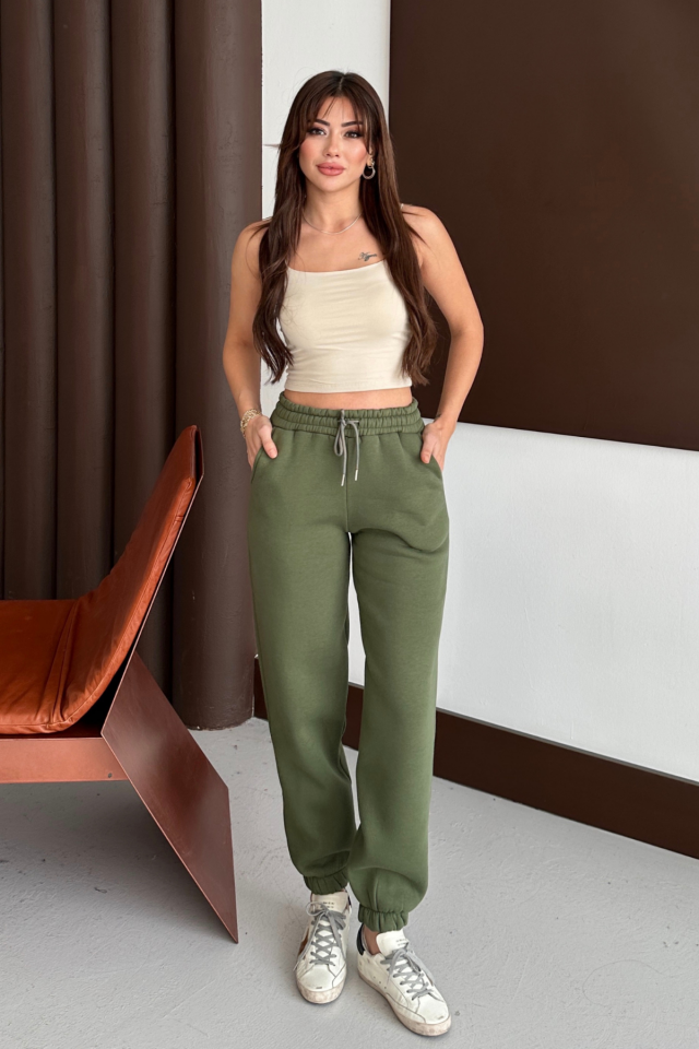 Balenbi Kadın Yüksek Bel Kışlık içi Polarlı Kalın Eşofman Altı 1091 XL - Haki