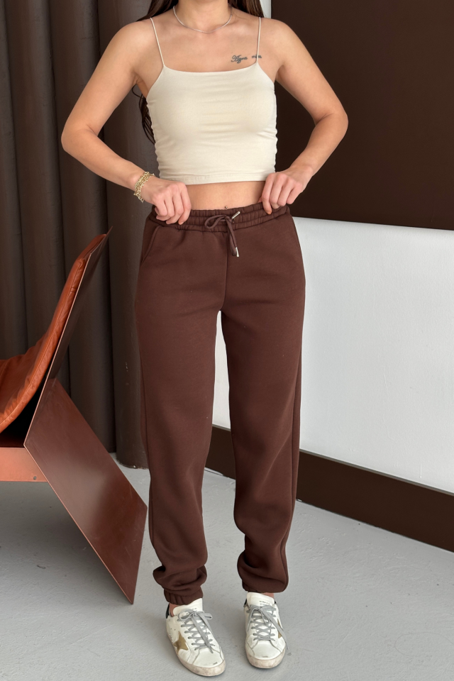 Balenbi Kadın Yüksek Bel Kışlık içi Polarlı Kalın Eşofman Altı 1091 XL - Kahverengi