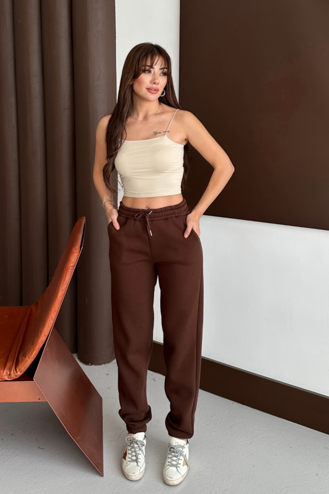 Balenbi Kadın Yüksek Bel Kışlık içi Polarlı Kalın Eşofman Altı 1091 XL - Kahverengi