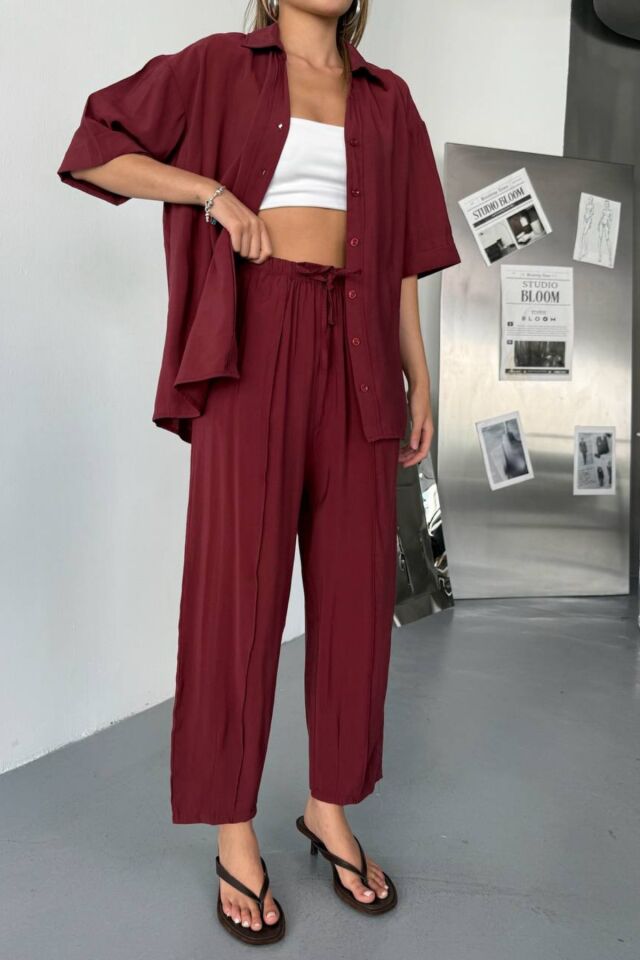 Feela Moda Kadın Modal Dokuma Kısa Kol Salaş Takım 2014 36 - Bordo
