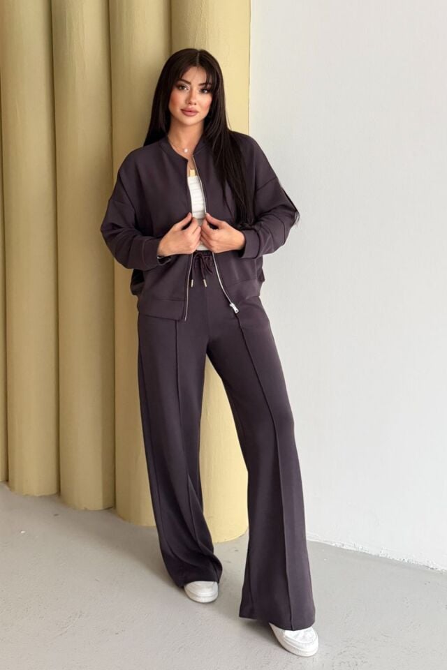 Balenbi Kadın Oversize Fermuarlı Modal Spor Takım Wide Leg Bol Paça 1194 - Form Serisi XL - Kahverengi