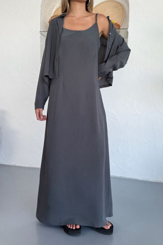 Feela Moda Kadın Modal Dokuma Ayarlanabilir Askılı Bolerolu Elbise Takım 2018 Antrasit - S