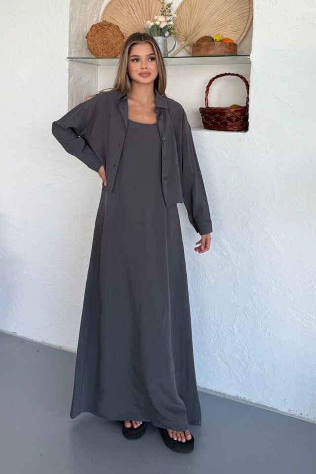 Feela Moda Kadın Modal Dokuma Ayarlanabilir Askılı Bolerolu Elbise Takım 2018 Antrasit - S