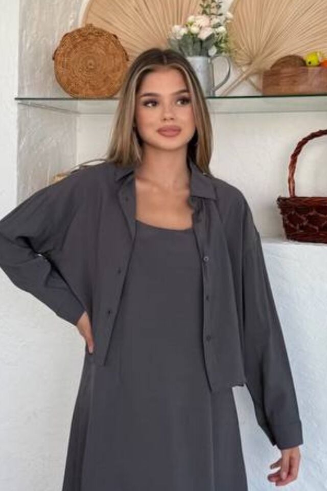 Feela Moda Kadın Modal Dokuma Ayarlanabilir Askılı Bolerolu Elbise Takım 2018 S - Antrasit