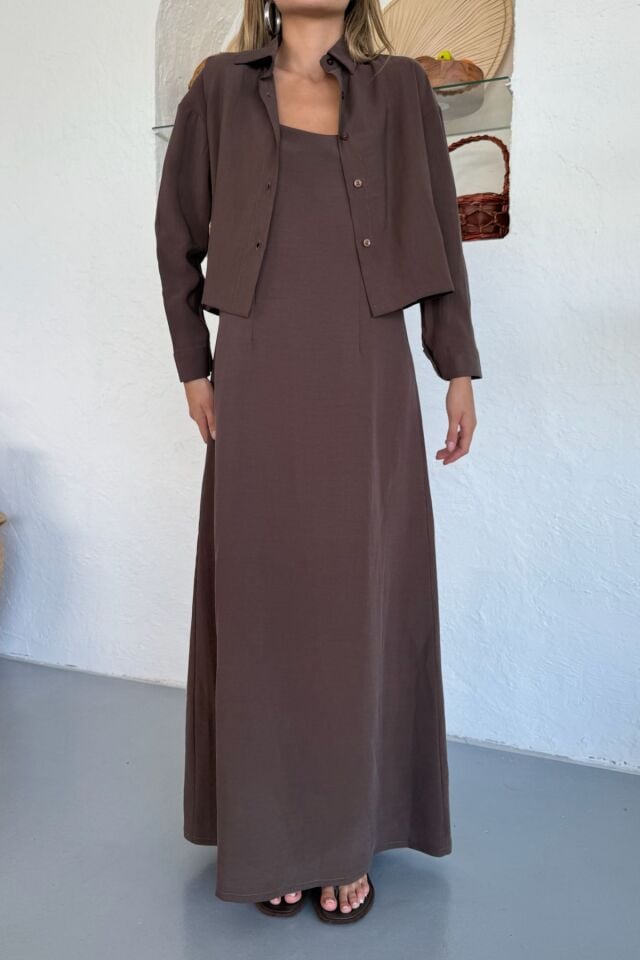 Feela Moda Kadın Modal Dokuma Ayarlanabilir Askılı Bolerolu Elbise Takım 2018 Kahverengi - S