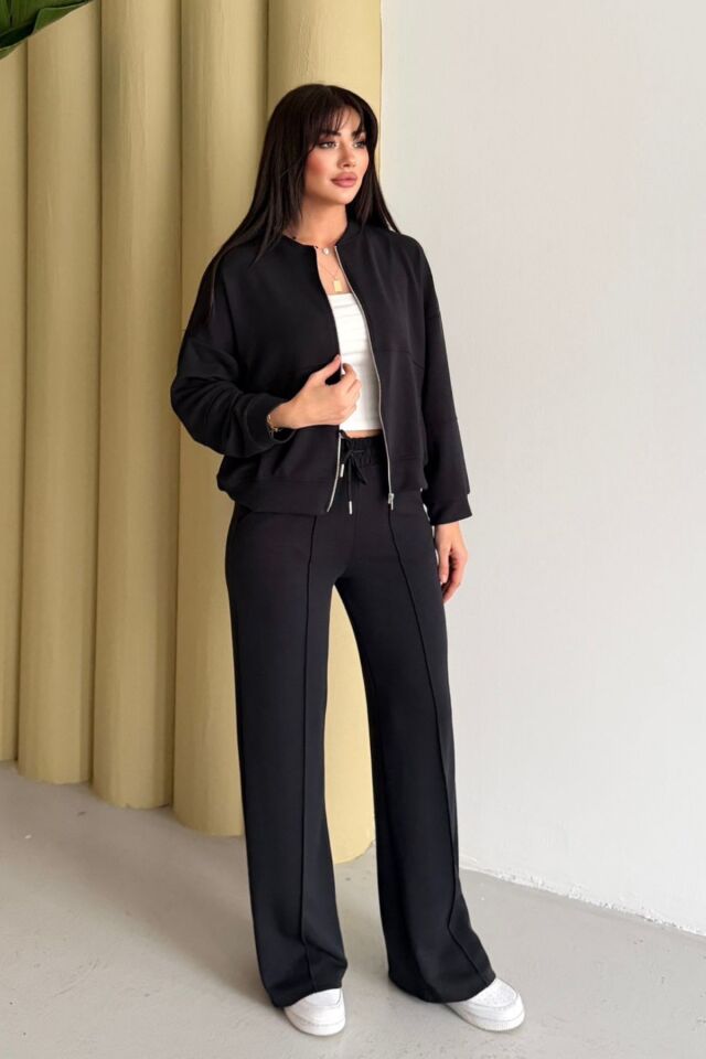 Balenbi Kadın Oversize Fermuarlı Modal Spor Takım Wide Leg Bol Paça 1194 - Form Serisi XL - Siyah