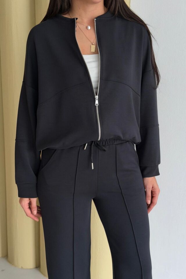 Balenbi Kadın Oversize Fermuarlı Modal Spor Takım Wide Leg Bol Paça 1194 - Form Serisi XL - Siyah