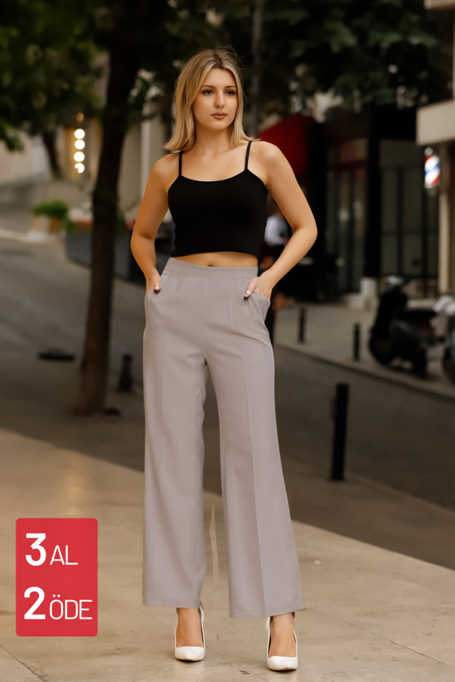 Feela Moda Kadın Yüksek Bel Likralı Palazzo Dokuma Pantolon 1002 50 - A.Gri