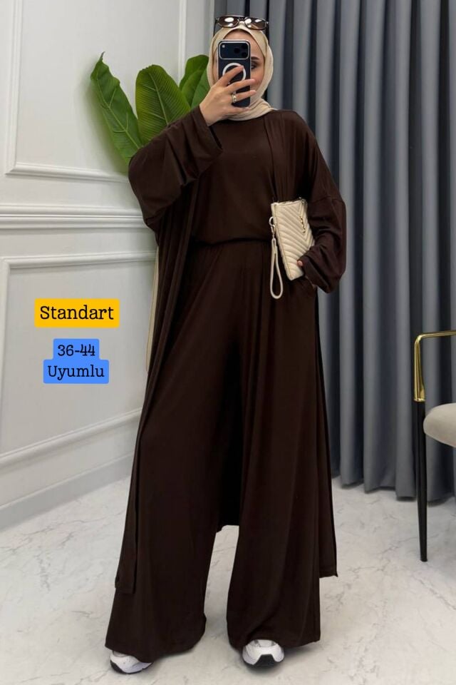 Balenbi Kadın Penye Uzun Hırka Bluz Geniş Paça Pantolon Abaya Takım 1217 Standart - Kahverengi
