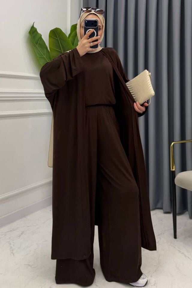 Balenbi Kadın Penye Uzun Hırka Bluz Geniş Paça Pantolon Abaya Takım 1217 Standart - Kahverengi