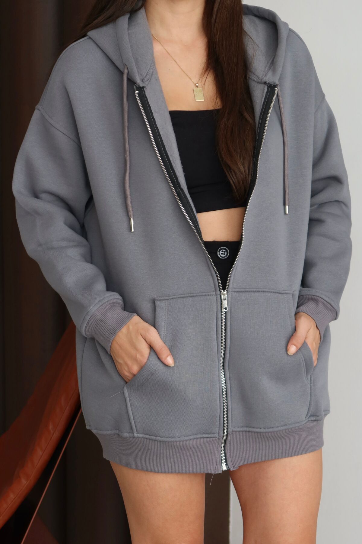 Balenbi Kadın 3 İplik İçi Polarlı Kapüşonlu 75cm Oversize Sweat Hırka 1129 S - Gri