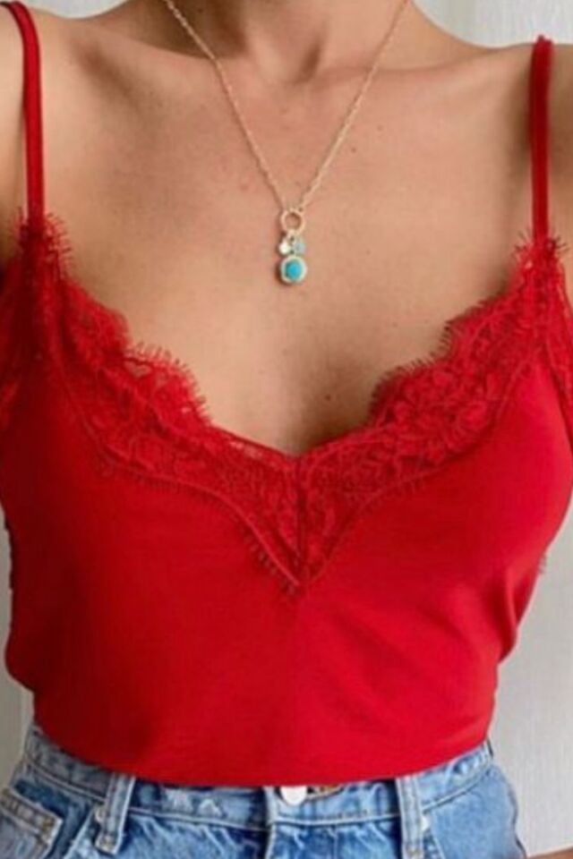 Balenbi Kadın Dantel Detaylı İp Askılı Sandy Bluz 1070 XL - Kırmızı