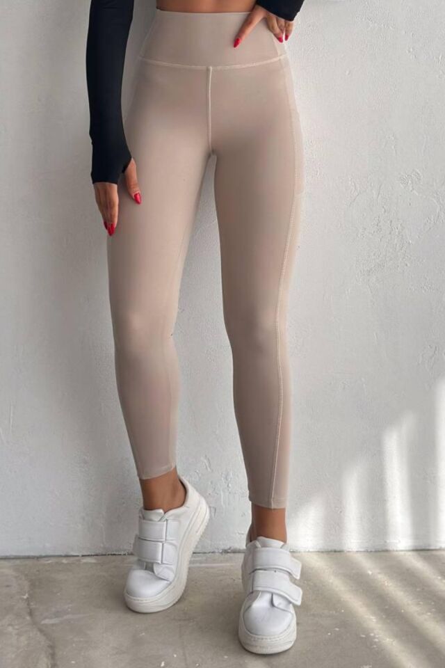 Balenbi Haute Kadın Yüksek Bel Toparlayıcı Çift Cepli Leggings Fitness Tayt 1092 XL - Bej