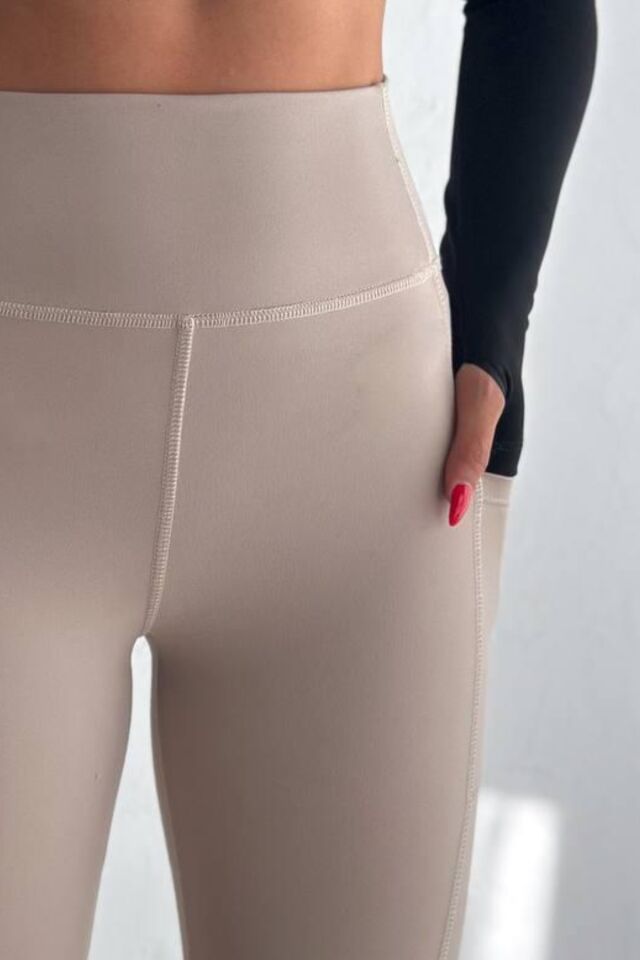 Balenbi Haute Kadın Yüksek Bel Toparlayıcı Çift Cepli Leggings Fitness Tayt 1092 XL - Bej