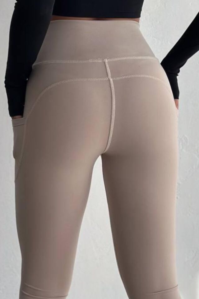 Balenbi Haute Kadın Yüksek Bel Toparlayıcı Çift Cepli Leggings Fitness Tayt 1092 XL - Bej