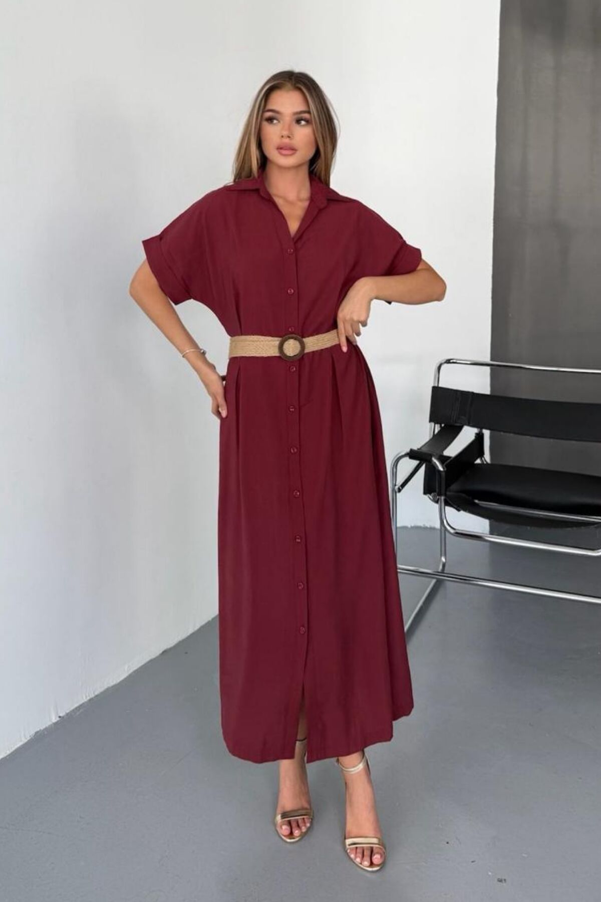 Feela Moda Kadın Modal Dokuma Kemerli Gömlek Elbise 2015 XL - Bordo