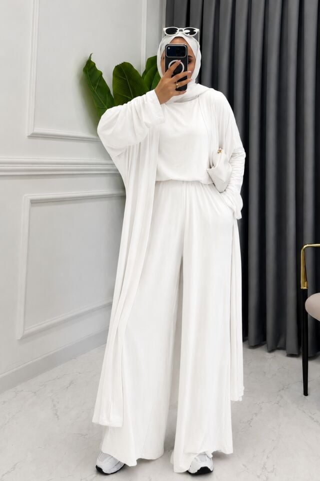 Balenbi Kadın Penye Uzun Hırka Bluz Geniş Paça Pantolon Abaya Takım 1217 Standart - Beyaz