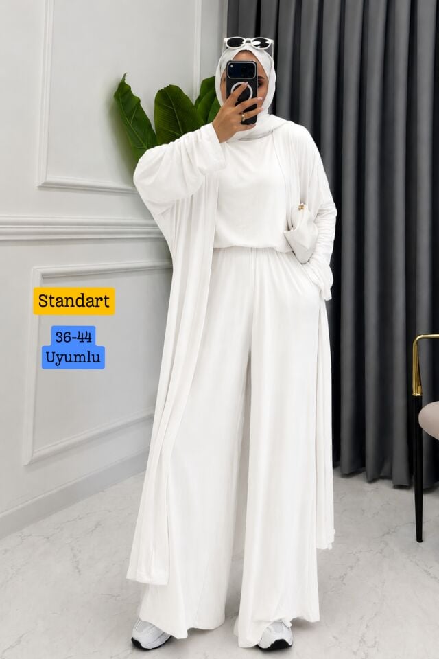 Balenbi Kadın Penye Uzun Hırka Bluz Geniş Paça Pantolon Abaya Takım 1217 Standart - Beyaz