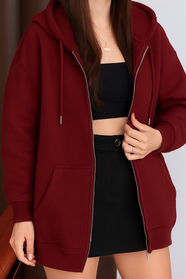 Balenbi Kadın 3 İplik İçi Polarlı Kapüşonlu 75cm Oversize Sweat Hırka 1129 Bordo - XL