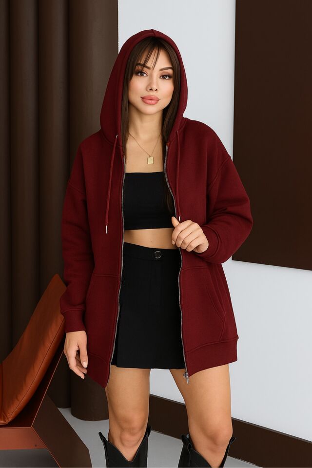 Balenbi Kadın 3 İplik İçi Polarlı Kapüşonlu 75cm Oversize Sweat Hırka 1129 Bordo - XL