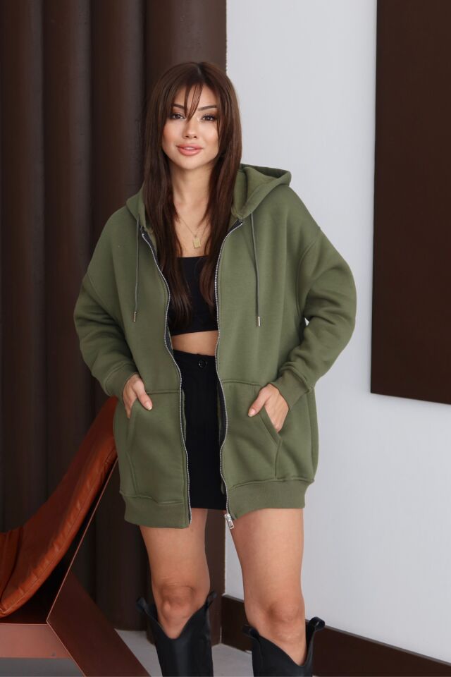 Balenbi Kadın 3 İplik İçi Polarlı Kapüşonlu 75cm Oversize Sweat Hırka 1129 XL - Haki