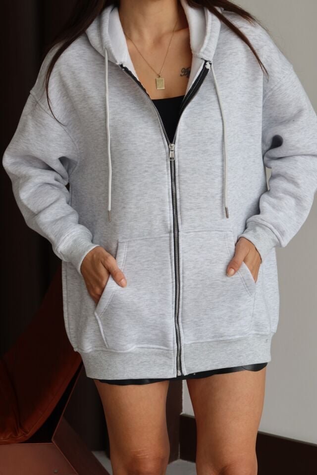 Balenbi Kadın 3 İplik İçi Polarlı Kapüşonlu 75cm Oversize Sweat Hırka 1129 Karmelanj - XL