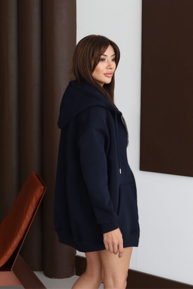 Balenbi Kadın 3 İplik İçi Polarlı Kapüşonlu 75cm Oversize Sweat Hırka 1129 XL - Lacivert