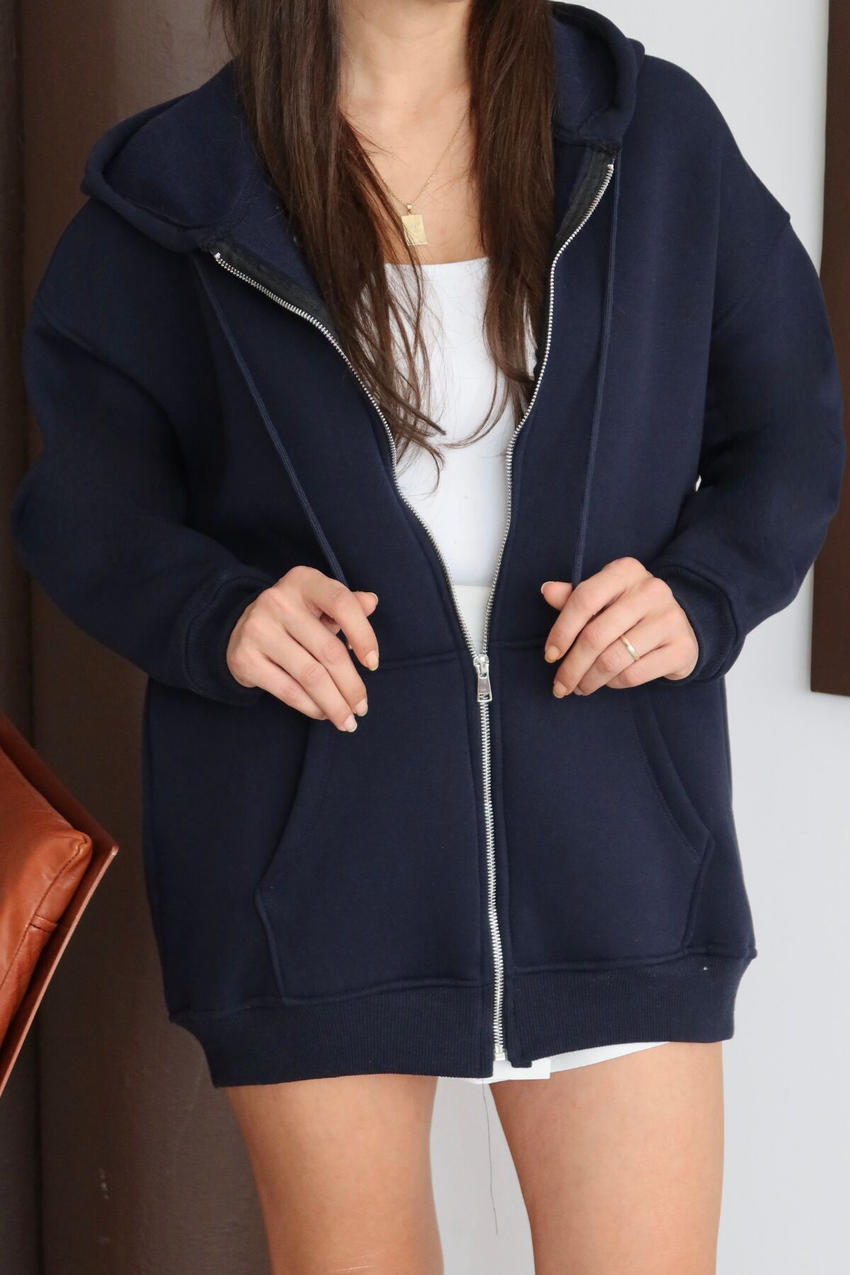 Balenbi Kadın 3 İplik İçi Polarlı Kapüşonlu 75cm Oversize Sweat Hırka 1129 XL - Lacivert