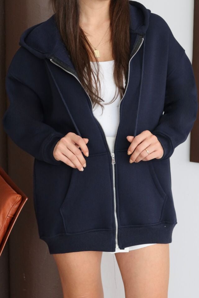 Balenbi Kadın 3 İplik İçi Polarlı Kapüşonlu 75cm Oversize Sweat Hırka 1129 Lacivert - XL