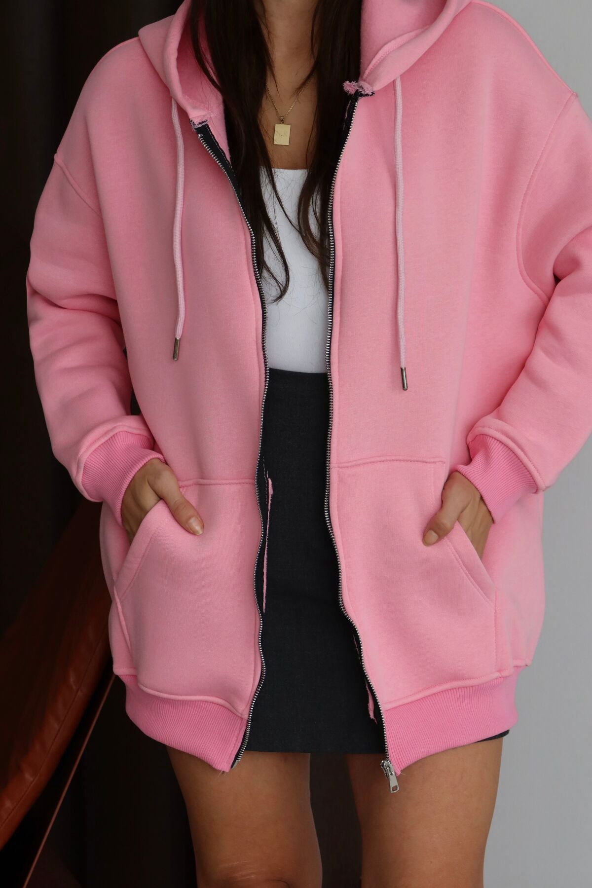 Balenbi Kadın 3 İplik İçi Polarlı Kapüşonlu 75cm Oversize Sweat Hırka 1129 XL - Pembe