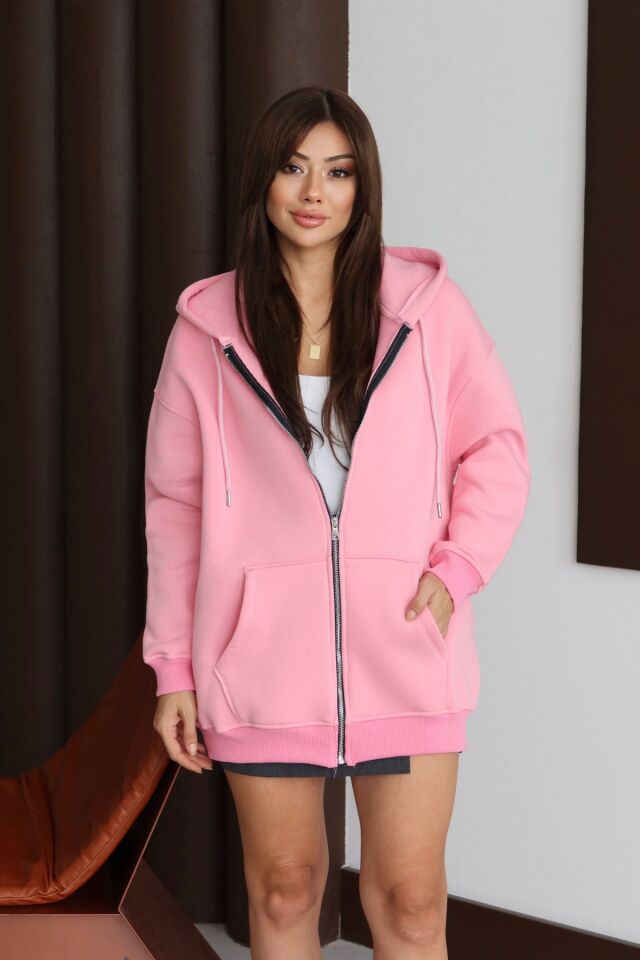 Balenbi Kadın 3 İplik İçi Polarlı Kapüşonlu 75cm Oversize Sweat Hırka 1129 Pembe - XL