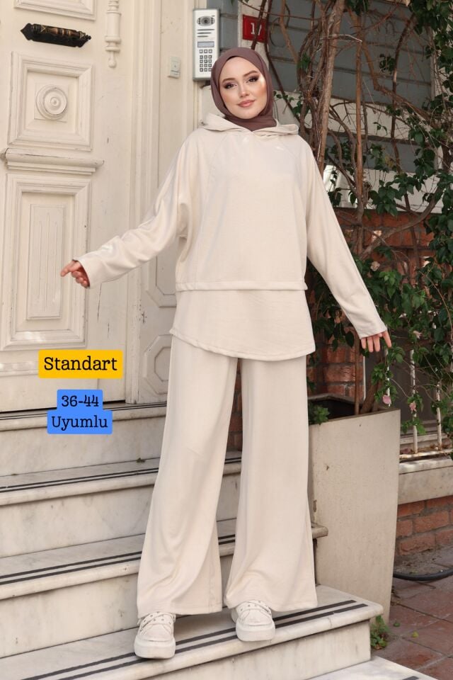 Balenbi Kadın Oversize Kesim Kapüşonlu Salaş Spor Oysh Modal Takım 1236 Standart - Taş