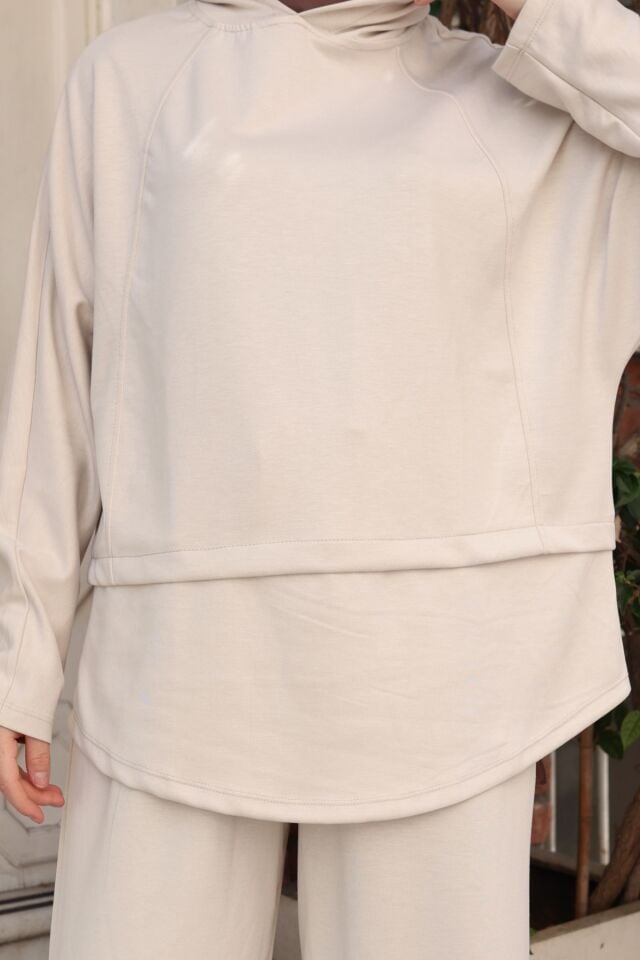 Balenbi Kadın Oversize Kesim Kapüşonlu Salaş Spor Oysh Modal Takım 1236 Standart - Taş