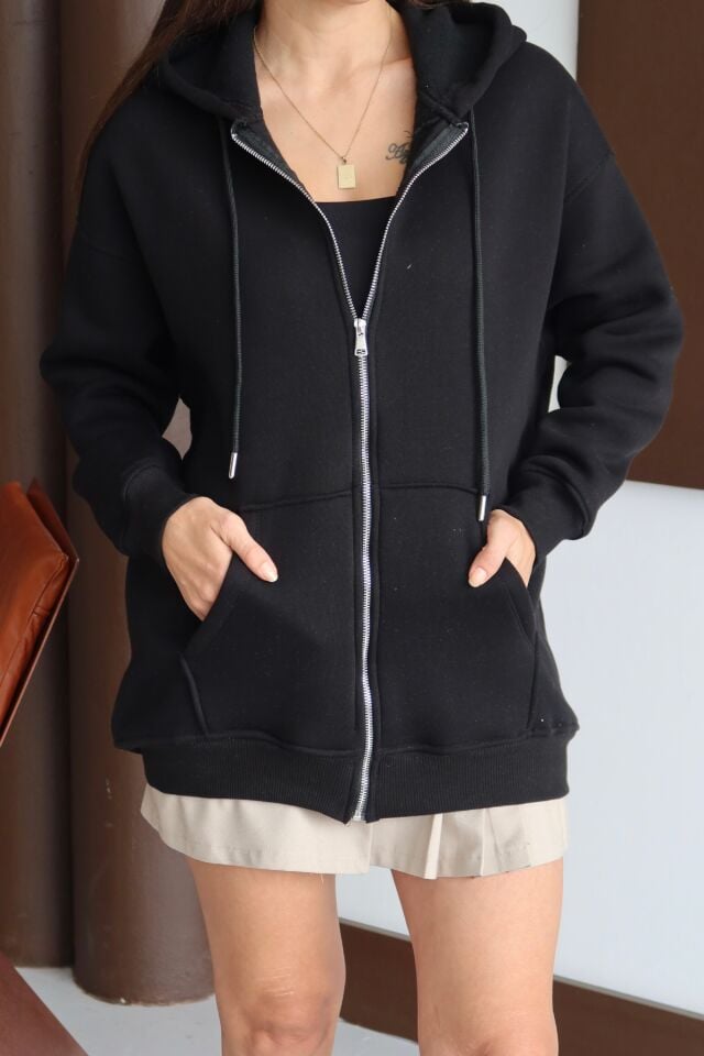 Balenbi Kadın 3 İplik İçi Polarlı Kapüşonlu 75cm Oversize Sweat Hırka 1129 Siyah - XL