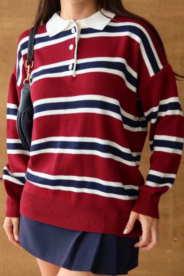 Balenbi Kadın Polo Yaka Oversize Çizgili Triko Kazak 1128 Bordo - Standart