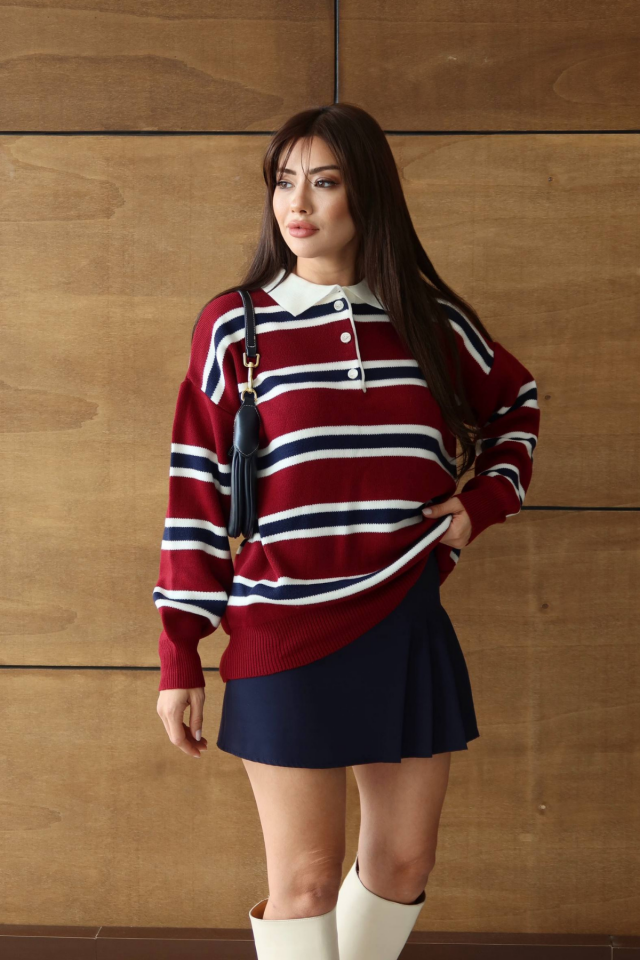 Balenbi Kadın Polo Yaka Oversize Çizgili Triko Kazak 1128 Standart - Bordo